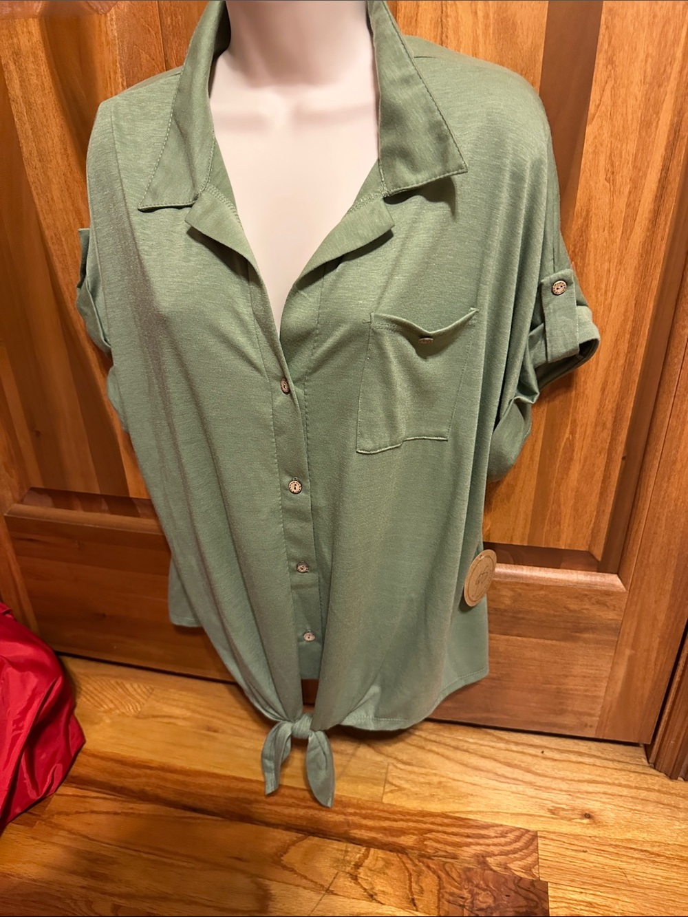 Relaxed Sage Green Tie-Front Button-Down Shirt - Women's